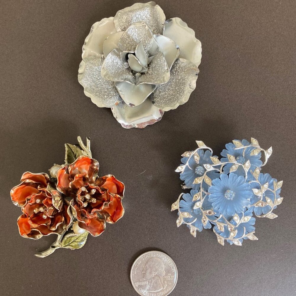 Vintage Brooch Lot 3 Coro Signed Flowers Blue Silver Red Rose Rhinestones Pins